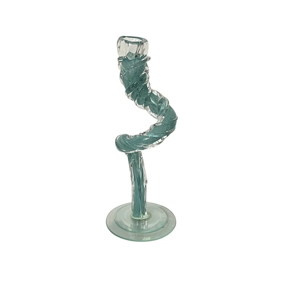 Berni Enterprises Candle Holder‎  Turquoise Art Glass Spiral Taper Stick